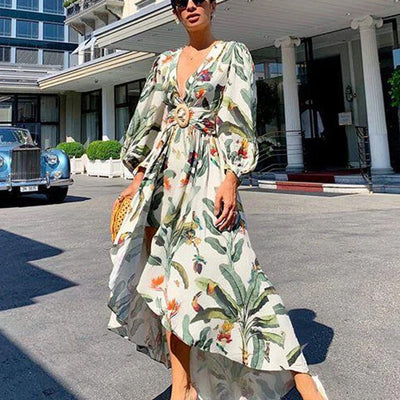Chic Women's Maxi Dress with V-Neck & Billowy Sleeves