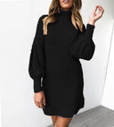 Chic Ribbed Knit Dress with High Collar and Puff Sleeves