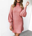 Chic Ribbed Knit Dress with High Collar and Puff Sleeves