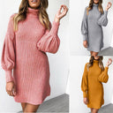 Chic Ribbed Knit Dress with High Collar and Puff Sleeves