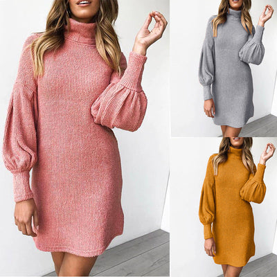 Chic Ribbed Knit Dress with High Collar and Puff Sleeves