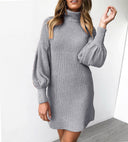 Chic Ribbed Knit Dress with High Collar and Puff Sleeves