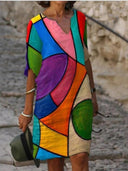Chic V-Neck Spring Dress with Three-Quarter Sleeves