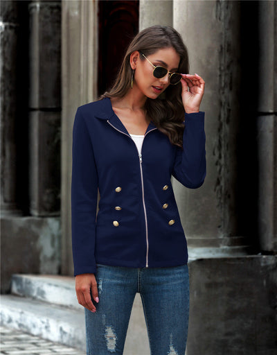 Chic Women's Blazer with Stylish Metal Buttons and Zipper