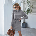 Chic High Collar Sweat Dress with Waist Belt