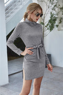 Chic High Collar Sweat Dress with Waist Belt