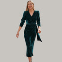 Velvet Midi Wrap Dress with Statement Puff Sleeves