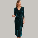 Velvet Midi Wrap Dress with Statement Puff Sleeves