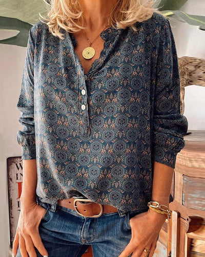 Vintage Print Long Sleeve Blouse