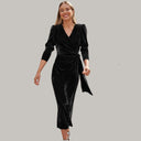 Velvet Midi Wrap Dress with Statement Puff Sleeves