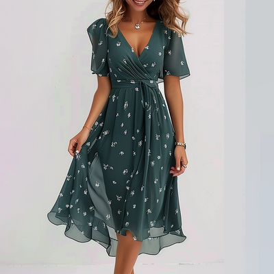 Chic Green Groovy Midi Dress with Short Sleeves
