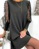 Solid Color Dress with Round Neckline & Puff Sleeves