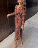 Retro V-Neck Long Sleeve Dress