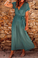 V-Neck Pleated Maxi Dress in Black-Green