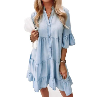 Chic V-Neck Button-Up Jean Dress for Women