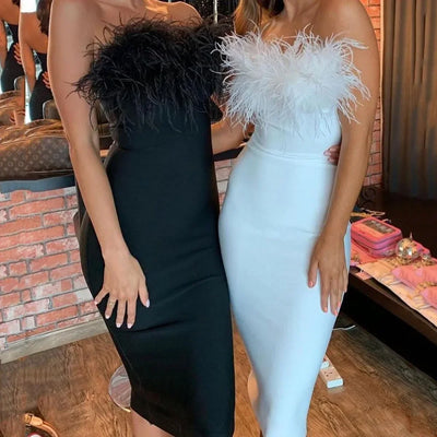 Chic Feathered Strapless Evening Dress