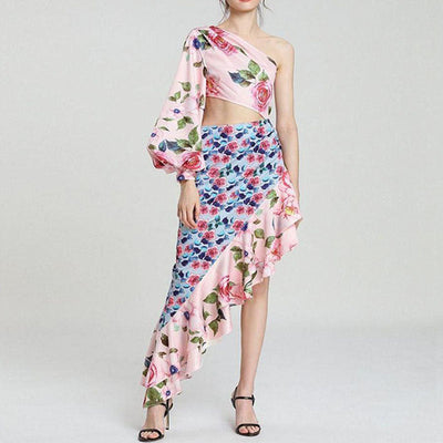 Floral Cut-Out Dress with Ruffle Hem Design