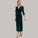 Velvet Midi Wrap Dress with Statement Puff Sleeves