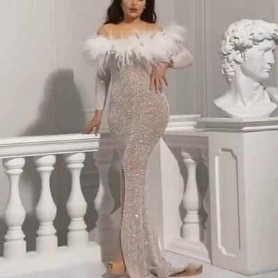 Stunning Evening Dress with Feathers and Sequins