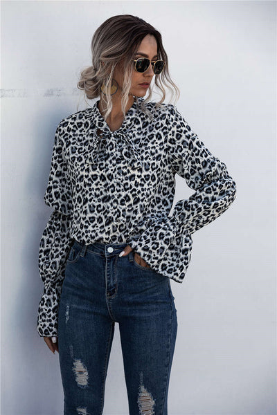 Trendy Leopard Print Women's Blouse with Wide Sleeves