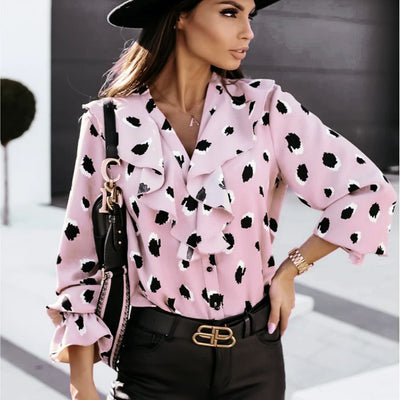Chic Women's Blouse with Ruffle Accents and Polka Dot Pattern