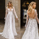 Floral Lace Appliqué Wedding Dress with Deep V-Neck