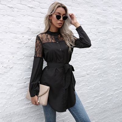 Chic Women's Lace Shirt Dress with Belt