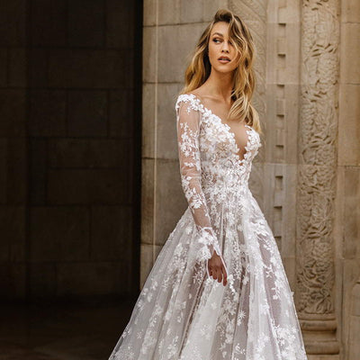 Floral Lace Appliqué Wedding Dress with Deep V-Neck