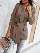 Stylish Women's Blazer Jacket with Tie Belt and Handy Pockets