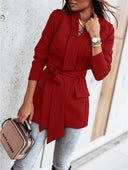 Stylish Women's Blazer Jacket with Tie Belt and Handy Pockets