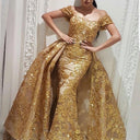 Chic Women's Evening Dress with Lace Accents and Billowy Sleeves