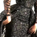 Chic Evening Dress with Sheer Sleeves & Shimmering Top