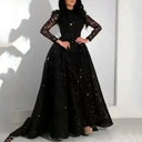 Chic Evening Dress with Sheer Sleeves & Shimmering Top