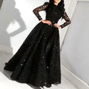 Chic Evening Dress with Sheer Sleeves & Shimmering Top