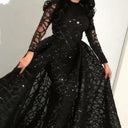 Chic Evening Dress with Sheer Sleeves & Shimmering Top