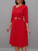 Asymmetrical Neck Belt 3/4 Sleeve Dress - Year-Round Style