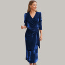 Velvet Midi Wrap Dress with Statement Puff Sleeves
