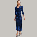Velvet Midi Wrap Dress with Statement Puff Sleeves