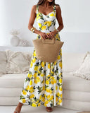 Lemon Print Maxi Dress with Wide Straps