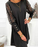 Solid Color Dress with Round Neckline & Puff Sleeves