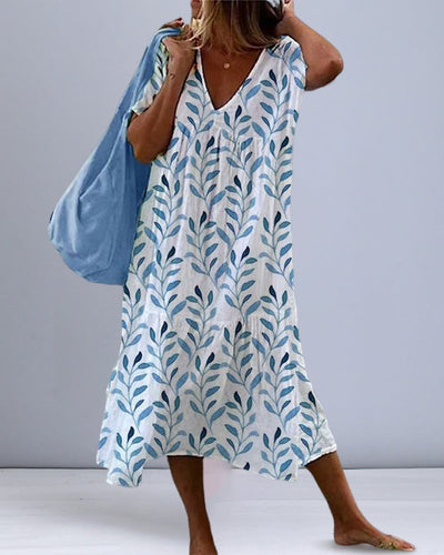 Flowing Leaf Print Midi Dress for Effortless Style