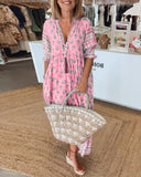 Chic V-Neck Half Sleeve Printed Dress