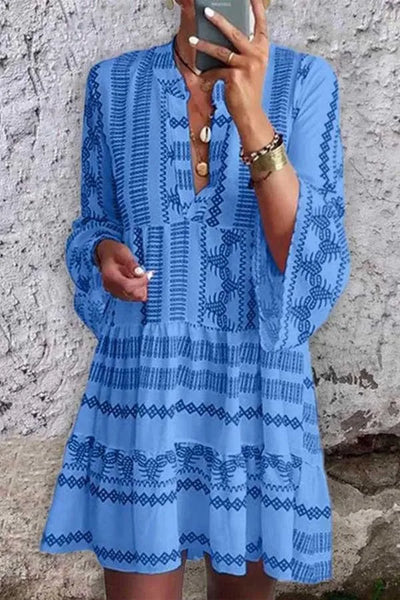 Flared Sleeve Print Dress with Stand Collar