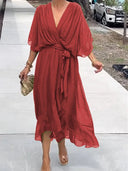 Chic Green V-Neck Chiffon Dress for Women