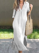 Stylish Solid Color Women's V-Neck Dress with Pocket