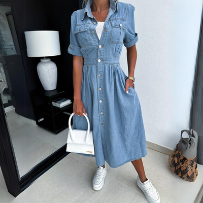 Denim Midi Dress with Pocket Design