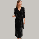 Velvet Midi Wrap Dress with Statement Puff Sleeves