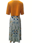Chic Floral Dress Set with Round Neck Crop Top