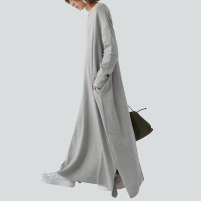 Relaxed Fit V-Neck Maxi Dress with Long Sleeves