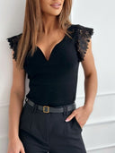 Lace Heart Neckline T-Shirt with Short Sleeves